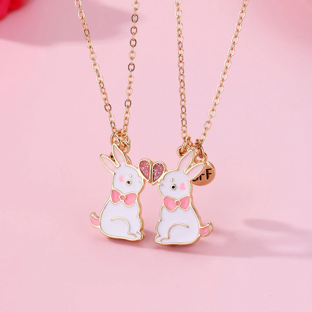 2 Pcs Good Friend Alloy Dripping Oil Cute Rabbit Magnetic Charm Pendant Fashion Exquisite Necklace Girl Festival Gift Jewelry