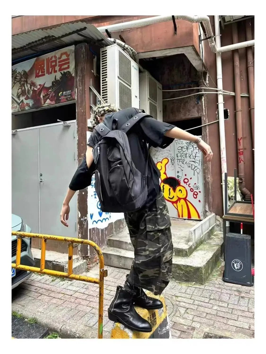 Unisex Punk Style Tactical Backpack - Multi-Layer Zipper Organizer with Metal Ring Shoulder Straps, Durable Nylon Black Rucksack