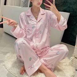 Summer New Simulated Silk Hello Kitty Cartoon Pajamas Women's 2 Pcs Set Sweet Thin Long Sleeve Fashionable Loose Home Clothes