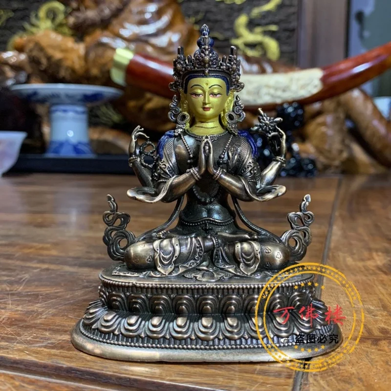 

3-Inch Four-Armed Avalokiteshvara Bodhisattva Pure Red Copper Vintage Craft Master Hand-Opened Face Home Ornaments 10cm the Guil