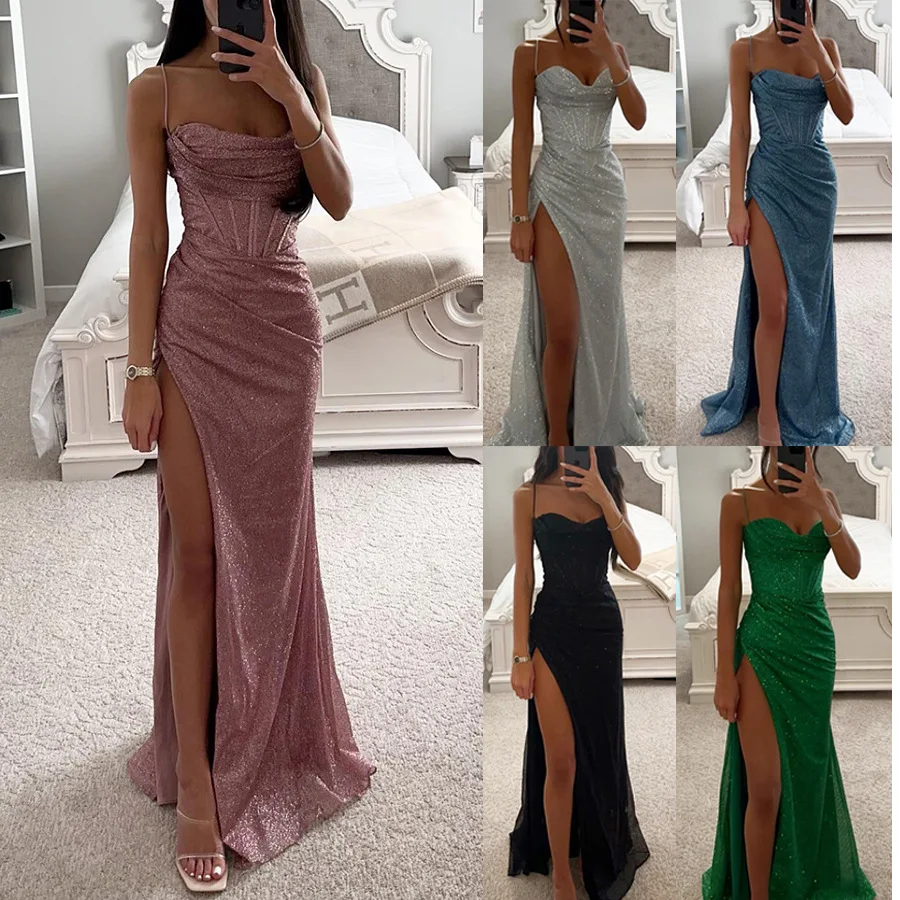 

Party fashion camisole dress straight neck sleeveless solid color slim fit slit high-end atmospheric casual sexy dress