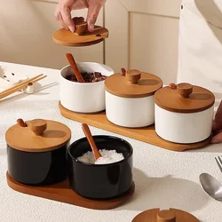 Japanese Vintage Seasoning Jar Three-piece Kitchen Salt MSG Storage Jar Ceramic Household Chili Tank with Spoon Kitchen Utensils