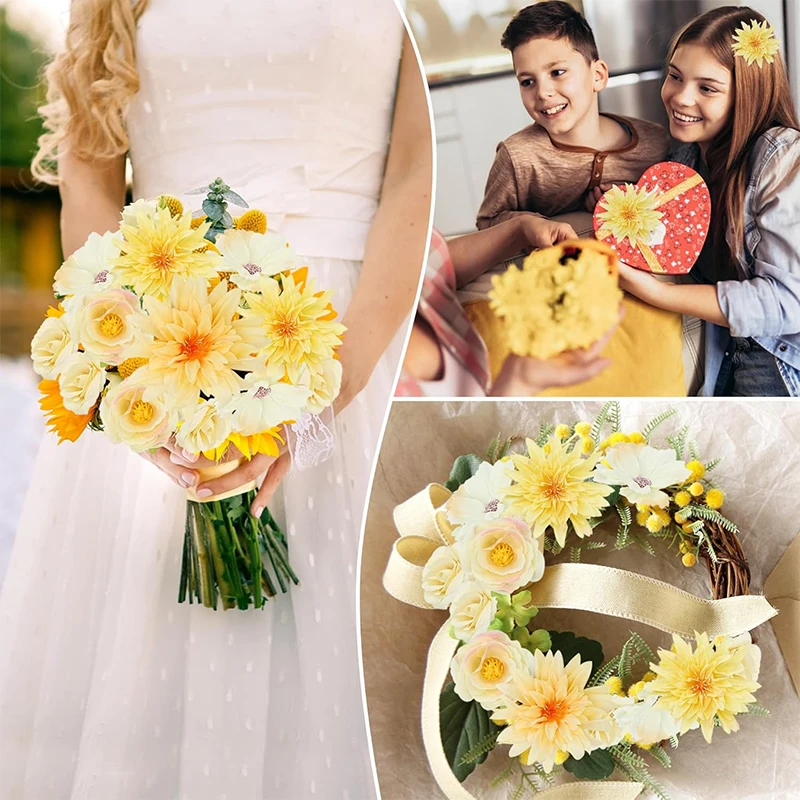 Yellow Artificial Flowers Heads Silk Fake Flowers for Home Decor Party Wedding Decoration DIY Valentine\'s Day Gifts Accessories