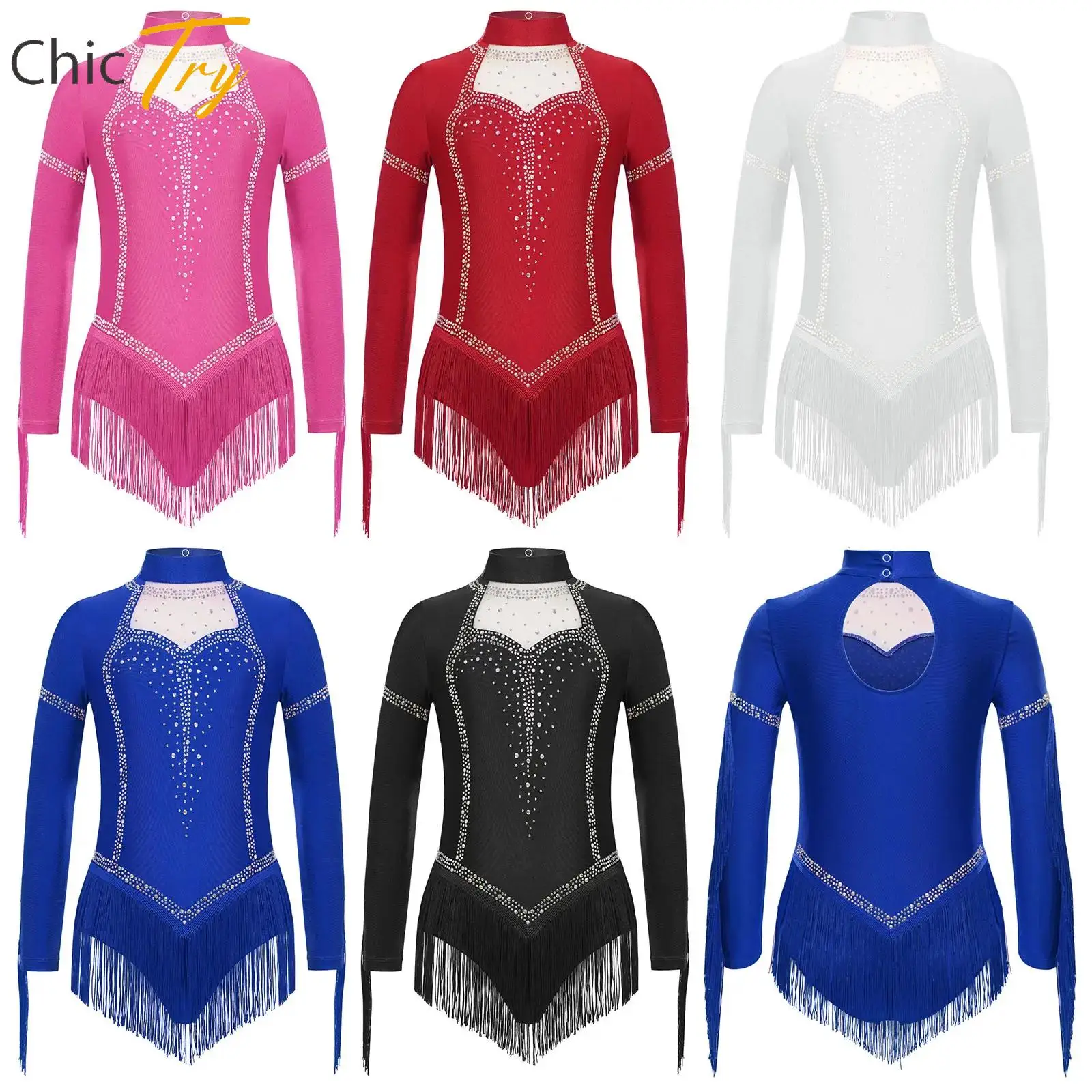

Kids Girls Tassel Latin Rumba Dance Leotard Glittery Rhinestones Long Sleeve Leotard Cha Cha Tango Samba Performance Costume