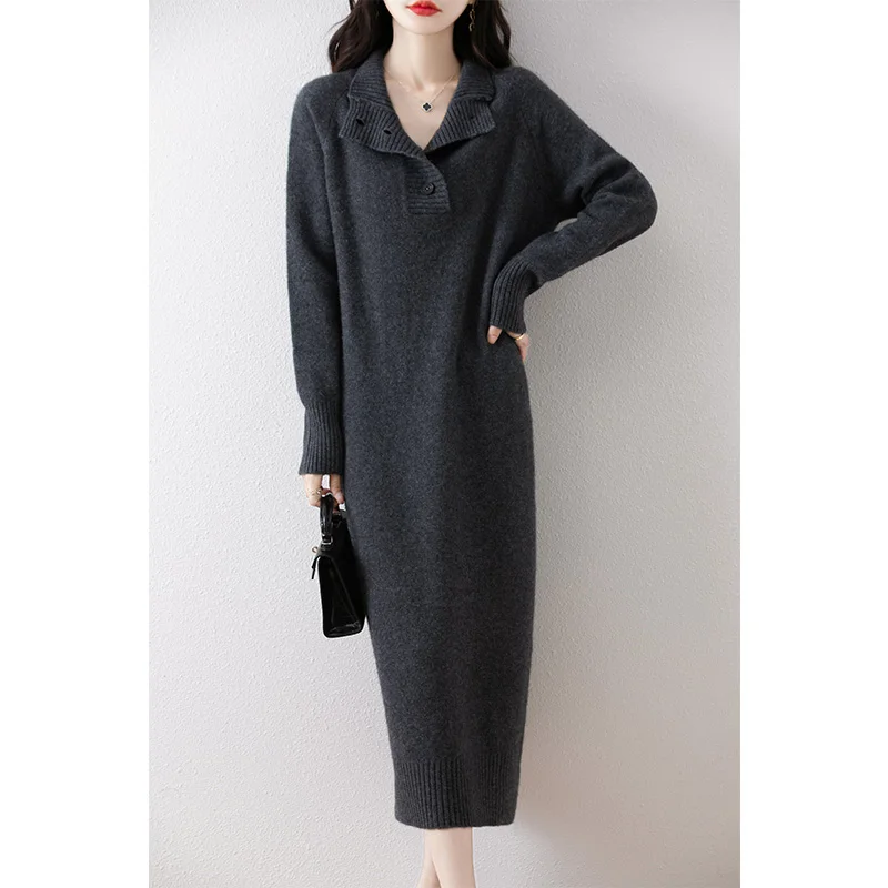 100% pure wool vestido ladies hot sale Autumn/Winter 2024 new fashion cashmere dress women\'s turtleneck wool clothing