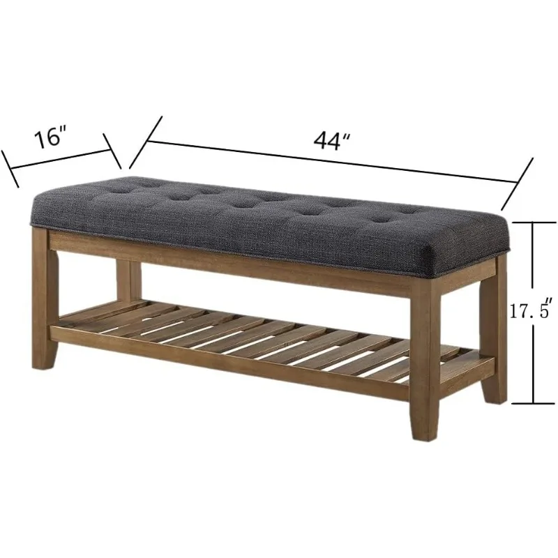 Large Rectangular Upholstered Tufted Linen Fabric Ottoman Bench, Padded Bench with Solid Wood Shelf-Charcoal