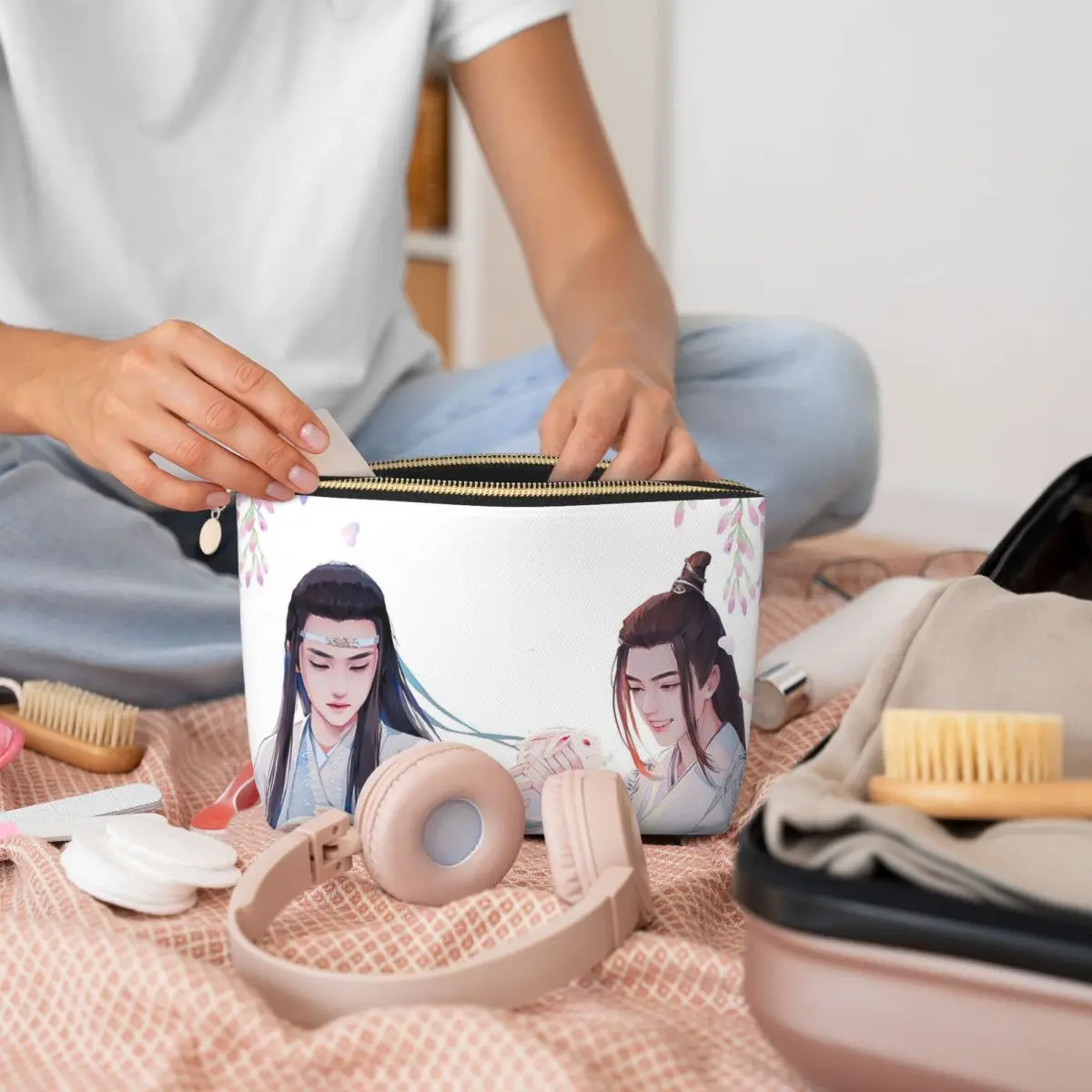 لان وانغجي الأزرق ساكورا الفن الجامح مو داو زو شي جوسو لان حقائب مستحضرات التجميل النسائية السفر ماكياج المنظم الحقيبة تخزين أدوات الزينة #5