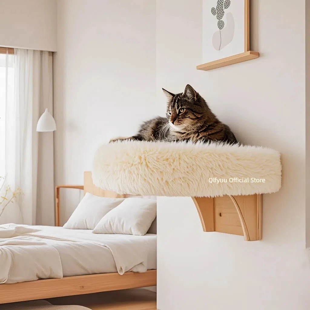 

Wall Mounted Wooden Cat Space, Small Pet Bed Cat Furniture, winter cat perch with supports