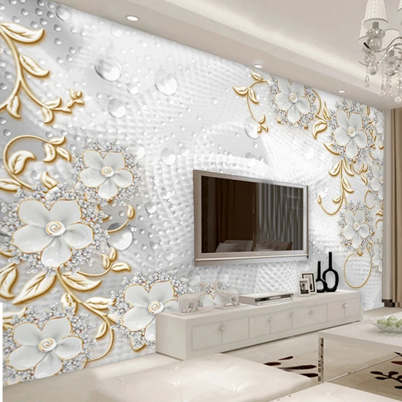 Custom Wallpaper 3D Luxury European Style White Flower Beads Jewelry Mural Living Room Sofa Bedroom Home Decor Papel De Parede