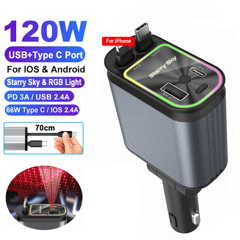 4 in 1 Retractable Car Charger 120W with USB C Lightning Cable Starlight in Auto Roof Fast Charging for IPhone Samsung Phones