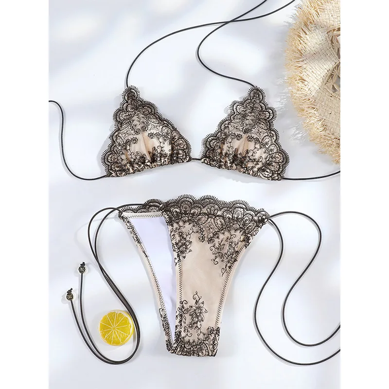 High Cut Swimwear Bandage Bikinis Black Lace Bikini Triangle Swimsuit String Swimsuits Vacation Bathing Suit Set