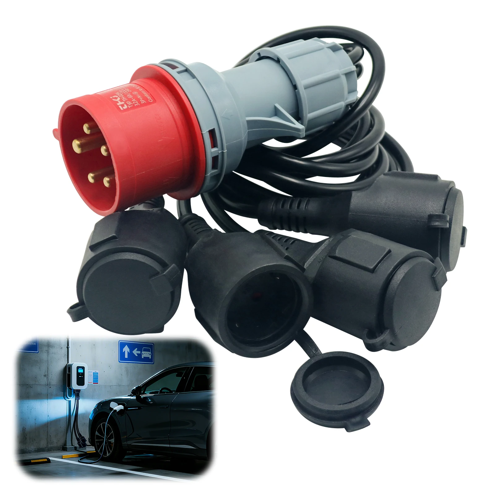CEE Adapter High Current Splitter 400V 32A Plug to 4 X 230V Coupling Extension Cable Power Cord Convert for Caravan Industrial