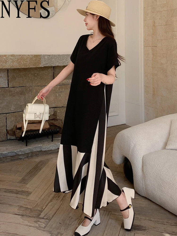 فستان صيفي NYFS 2025 فضفاض مقاس كبير مقسم   فساتين طويلة بحاشية مخططة رداء Elbise بأكمام قصيرة على الطراز الكوري فستان نسائي #1