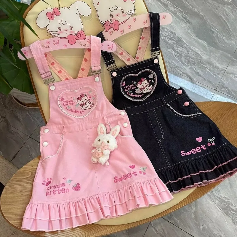 Japanisches Süßes Kawaii Party-Minikleid Damen Lolita-Stil Kleidung Trägerkleid Cartoon-Stickerei Mode Prinzessinnenkleid für Frauen