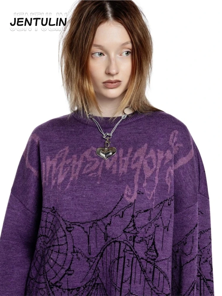 

Women Y2K Purple Knitted Sweater Phantom Graphic Winter Pullover Long Sleeve Top Hip Hop Gothic Harajuku Jumper Coat Streetwear