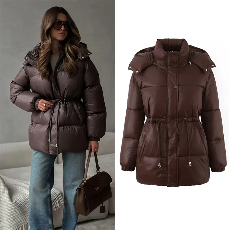 

Женское пальто 2025, зимняя новая стильная теплая хлопковая куртка шоколадного цвета с длинными рукавами и капюшоном средней длины, повседневная модная универсальная куртка