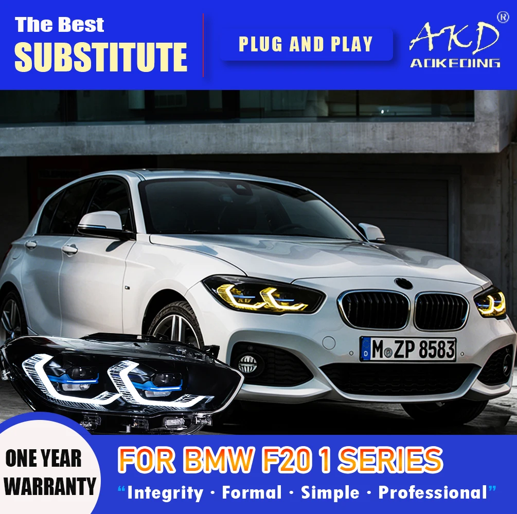 Фара AKD для BMW F20, светодиодная фара 2015-2018, для 1 серии 116i 118i, с ДХО, поворотником, дальним светом и проектором Angel Eye