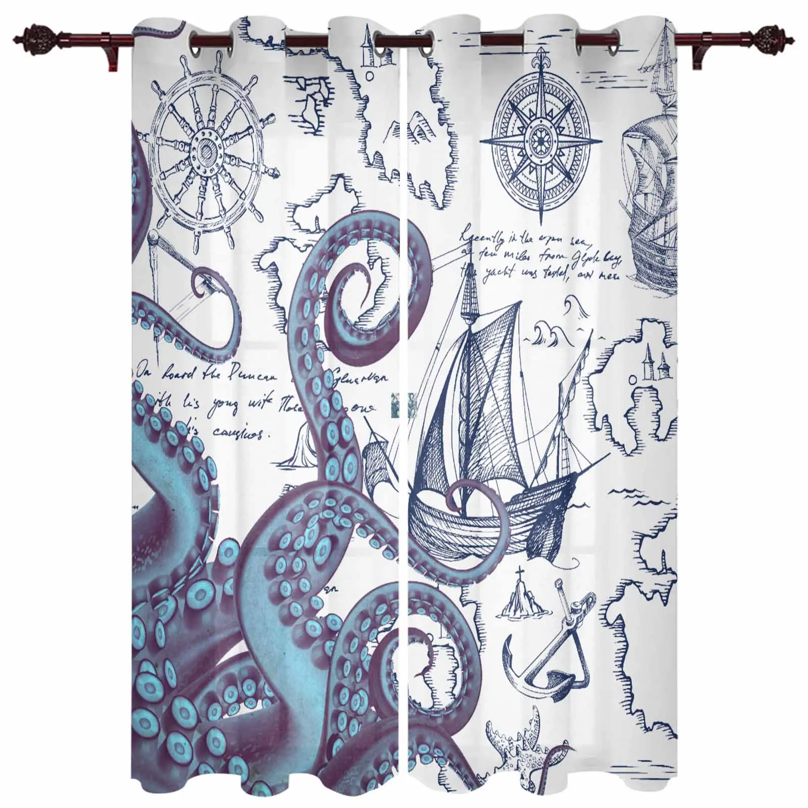 Pirate Ship Navigation Chart Octopus Tentacles Grommet Curtains for Bedroom Living Room Home Decor Window Treatments Drapes