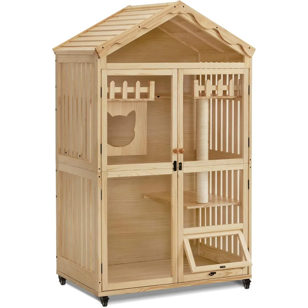 

Wooden Indoor Cat House, Cat Condo with Entrance, Kitten Cage Catio with Lockable Doors and Wheels, CT291