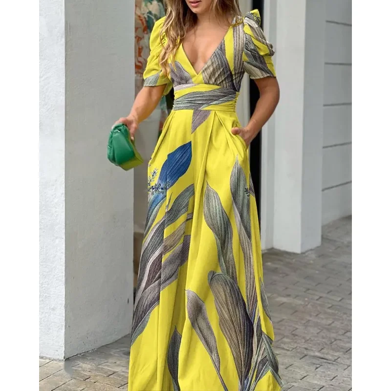 Elegant Commuter Women's S-2XL size Jumpsuit in Spring/Summer Wide Leg Pants Fashionable Printed V-neck Short Sleeved Waistband