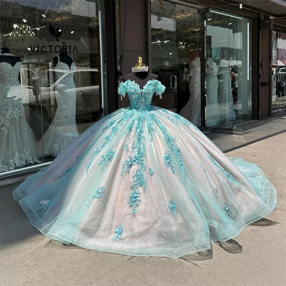 

Special Lake Blue Lace Appliques Off The Shoulder Quinceanera Dress Ball Gown Princess Sweet Sixteen Dress Wedding Gown Mexican