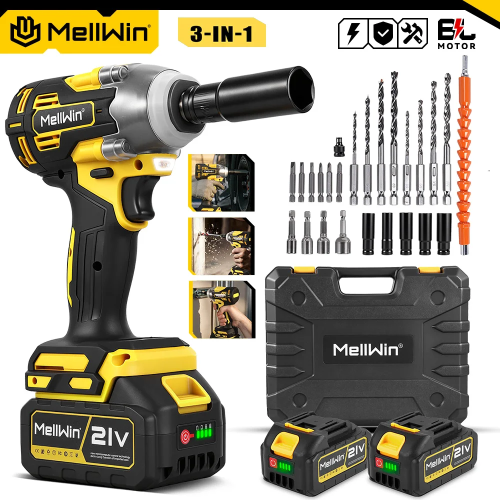 MELLWIN Bürstenloser 3-in-1 Elektrobohrer Kabelloser Elektroschlagschrauber Schraubendreher-Set Autoreparaturwerkzeug für Makita 18V Akku