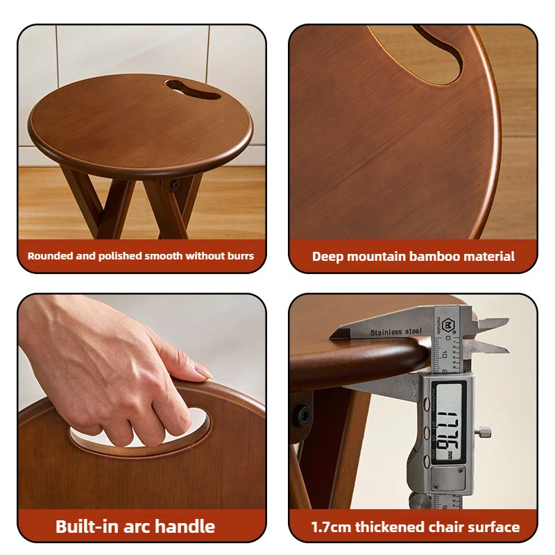 Foldable Bar Stools Thickened Bamboo Kitchen Dining Stool Adjustable Height Round Seat Easy-Install Backrest Chairs