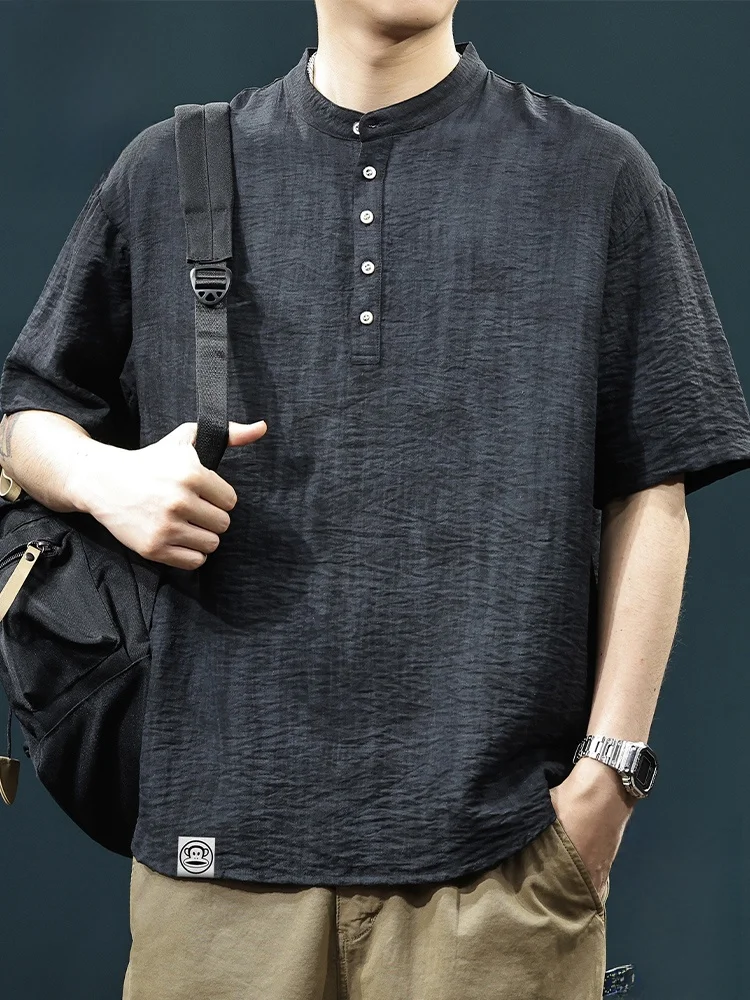 

Льняная дышащая мужская футболка PaulFrank с коротким рукавом, свободного кроя, тонкая, летняя, с воротником Хенри, молодежная, модная, повседневная футболка