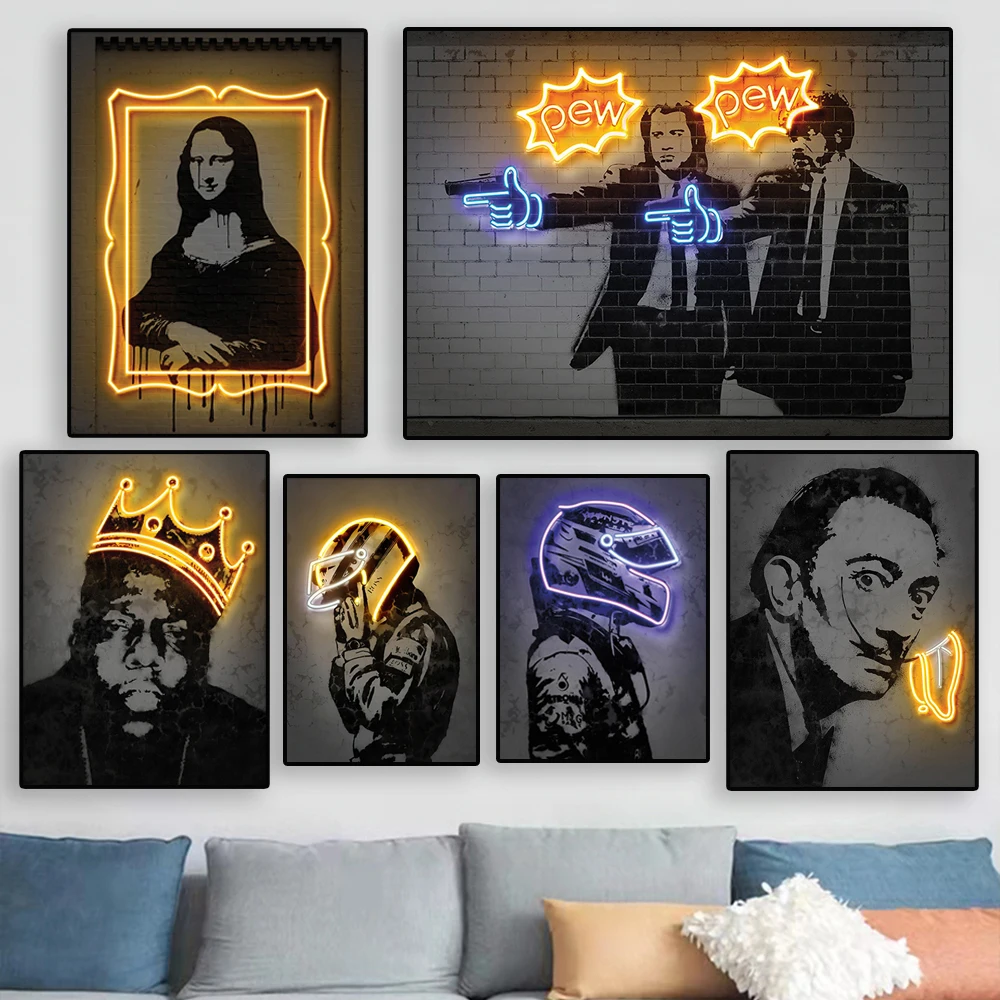 

Modern Neon Sign Mona Lisa Poster Robot Artwork Canvas Painting Racing Print Abstract Wall Picture Game Room Bedroom Decoration