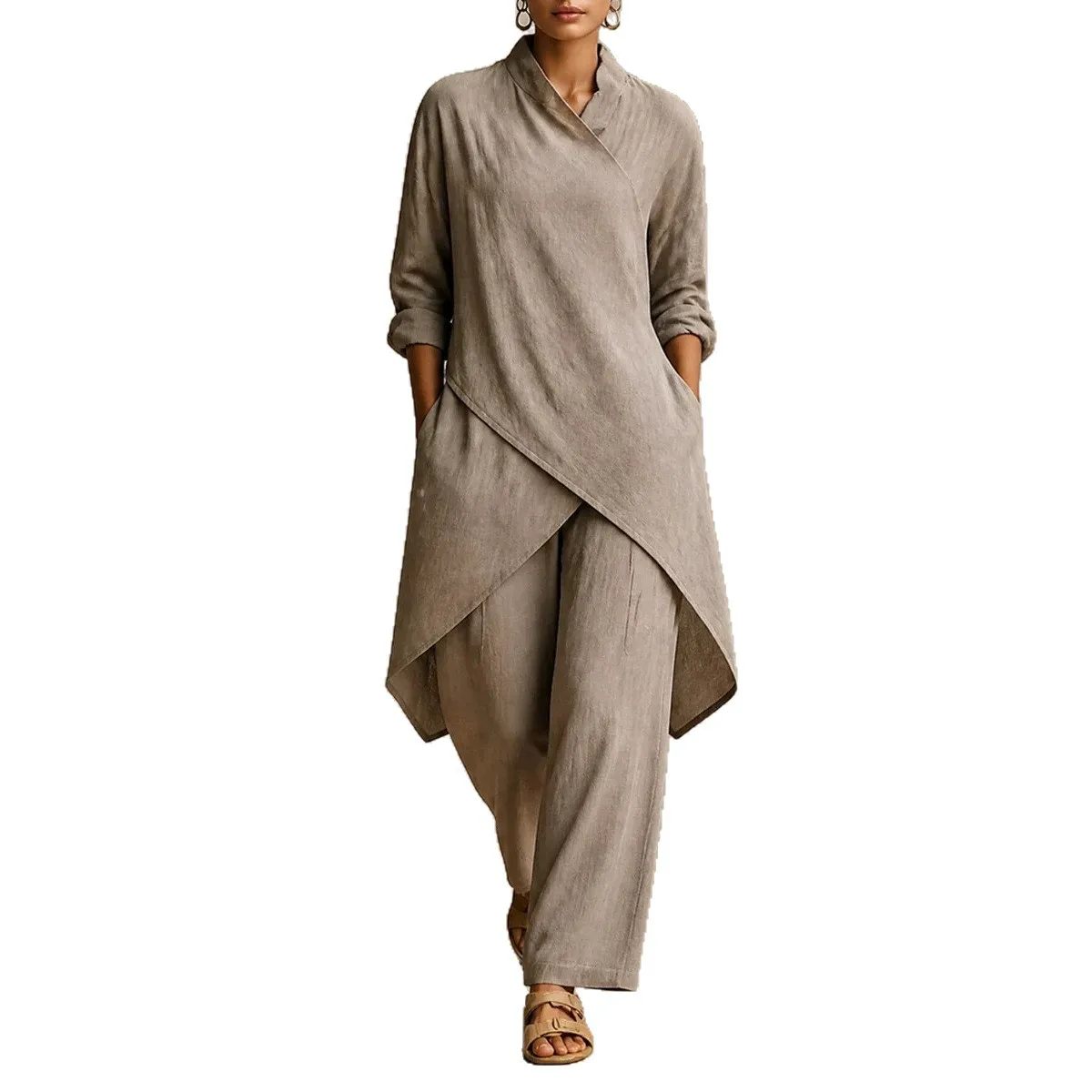 Lässiges Urlaubs-Zweiteiler-Set für Damen: Stehkragen, asymmetrische Wickeltunika-Bluse, einfarbige Hose mit weitem Bein, für den Alltag.