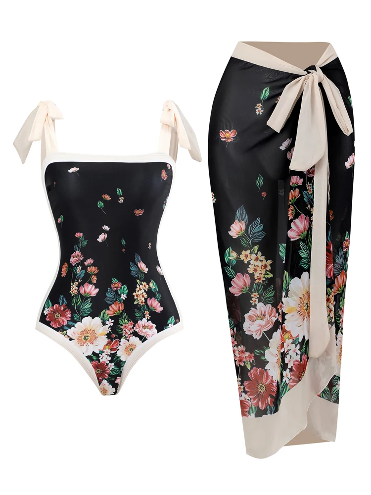 Bañadores estampados de moda para mujer, traje de baño de una pieza con Control de barriga y cintura alta, conjunto de falda de gasa Vintage para