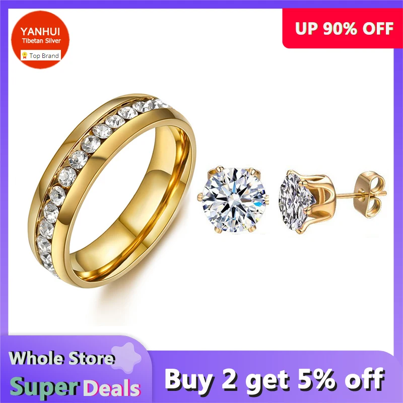 3pcs Women's Never Fade Golden 316 Stainless Steel Ring and Stud Earrings Inlaid Clear Cubic Zircon High Quality Jewelry Set