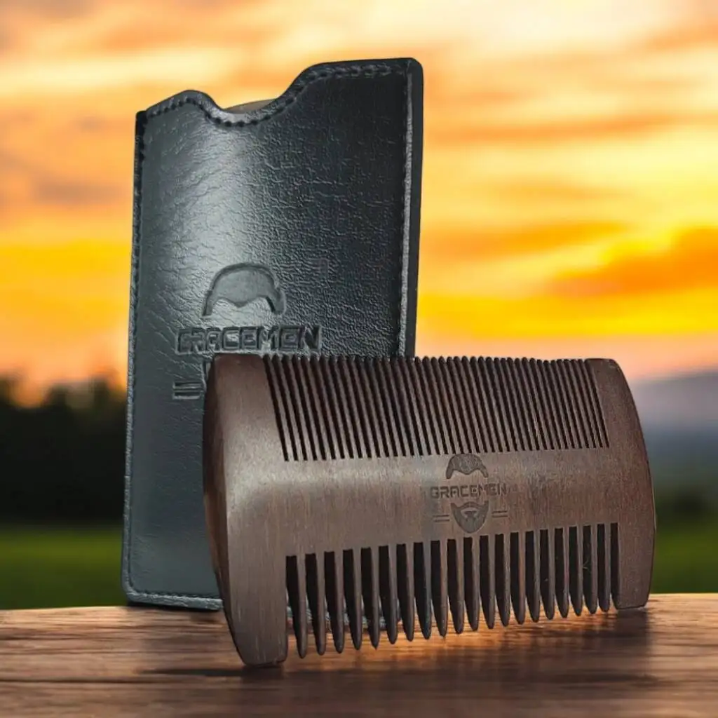 The Gracemen 100% Natrual Wood Beard Hair Comb Double Sides Pocket Sized Anti-Static Wooden Comb with PU Sleeve Case