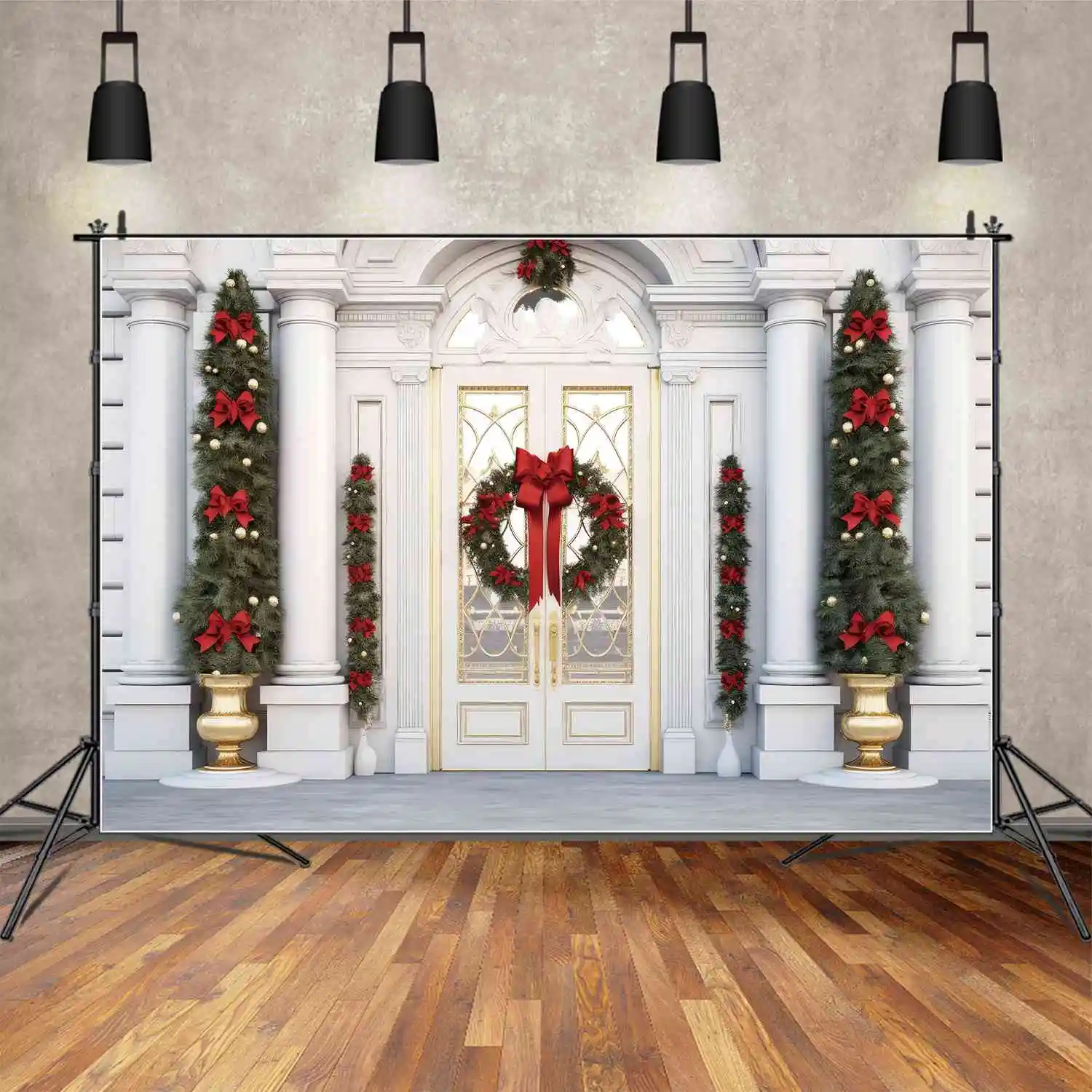 MOON.QG-Fondo de fotografía, porche de Navidad, corona de lazo rojo, Fondo de foto de árbol, puerta de pared de mármol, decoraciones de estudio para el hogar