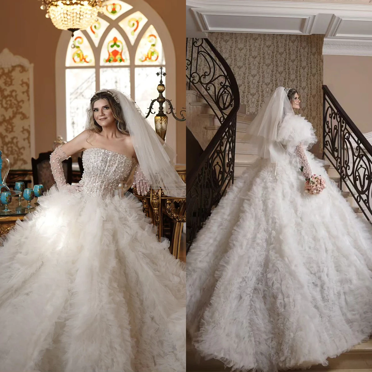 Gorgeous Ball Gown Wedding Dresses Strapless Pearl Applique Tiered  Bridal Dresses With Veil Sweep Train Vestido De Novia