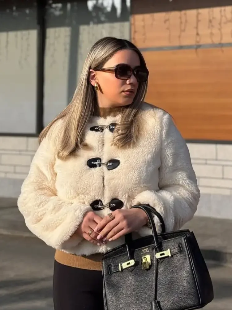 

Winter Warm Plush Jacket Women Faux Lambswool Long Sleeve Solid Outerwear Elegant Single Breasted Button Daily Fall Fashion Coat