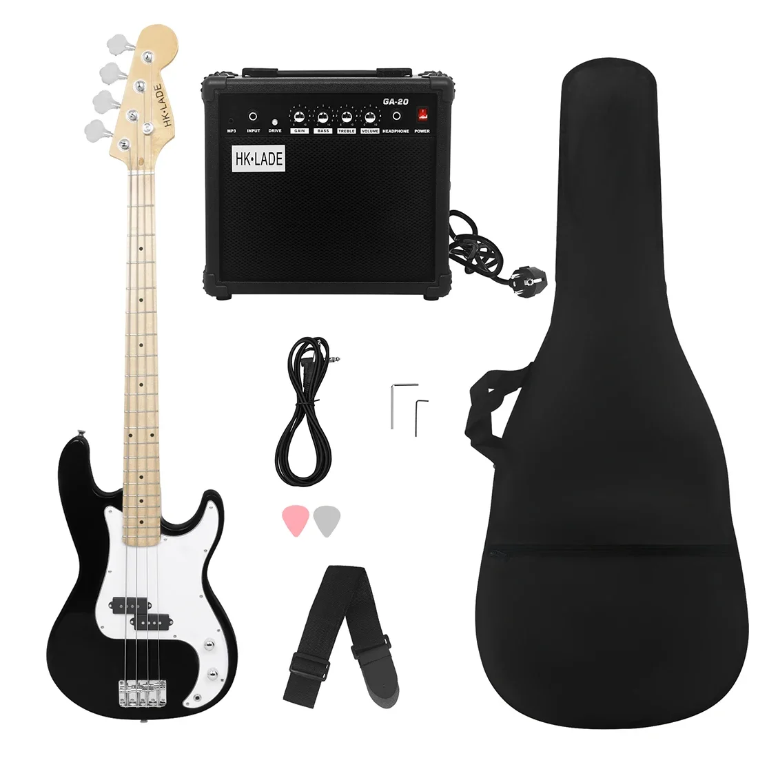 

Black HK·LADE 20 Frets Electric Bass Guitar Maple Neck Body 4 Strings Guitarra with Audio Bag Strap Picks Parts & Accessories