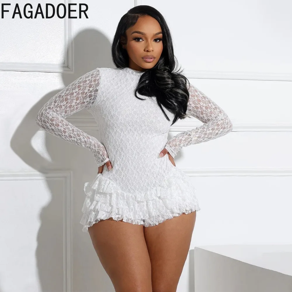 FAGADOER Sexy Lace Ruffle Patchwork Bodycon Romper Woman See Through Long Sleeves One Piece Jumpsuits Female Nightclub Overalls - Image 3