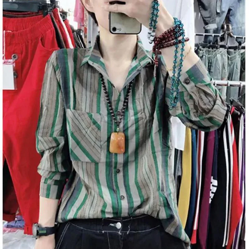 

Fashion Lapel Spliced Pockets All-match Striped Shirt Women Clothing 2023 Autumn New Casual Tops Loose Office Lady Blouse