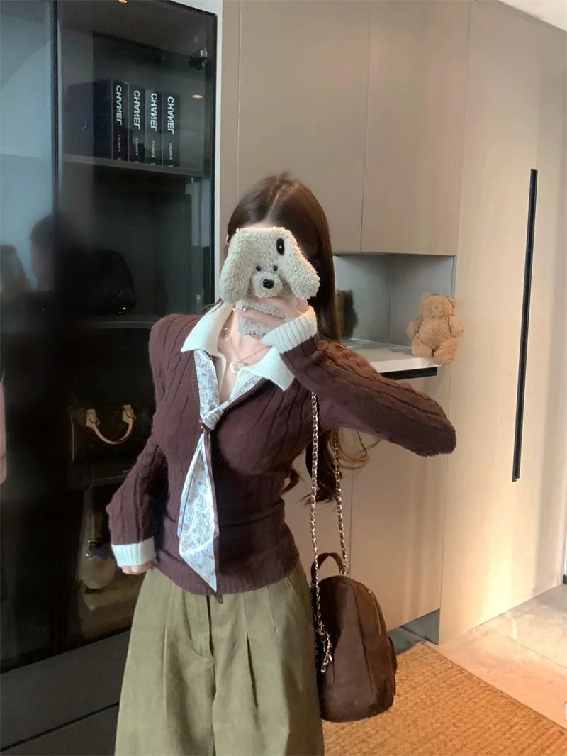 

Spicy Girl Contrasting Color Design Knitted Sweater with Scarf Women's Autumn Winter Faion Red Sweater Versatile Retro Sle