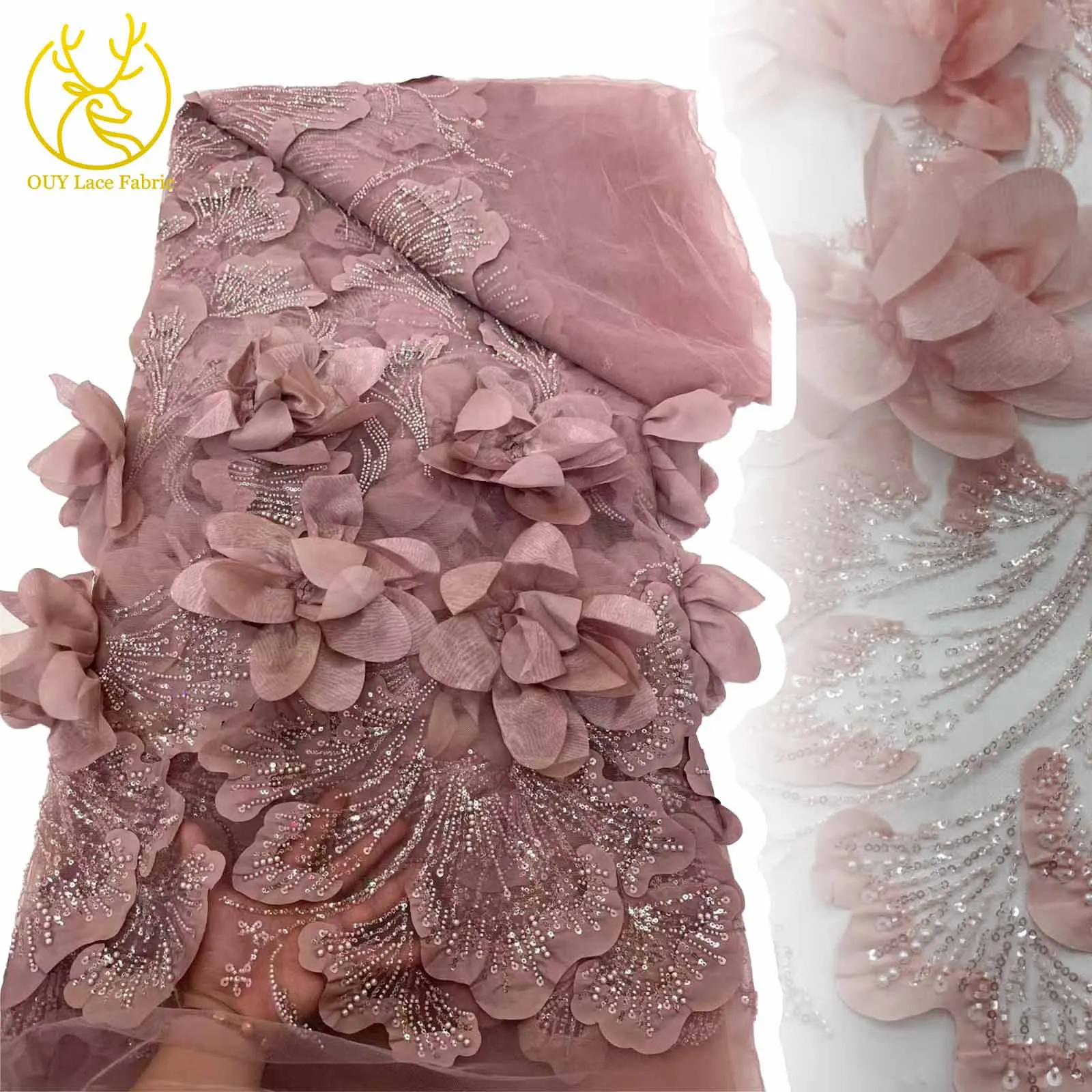 

3D Flower Bridal Beautiful Wedding Dress Stitching French Nigerian Beaded Sequin Lace Fabric African Tulle Wedding Lace Fabrics