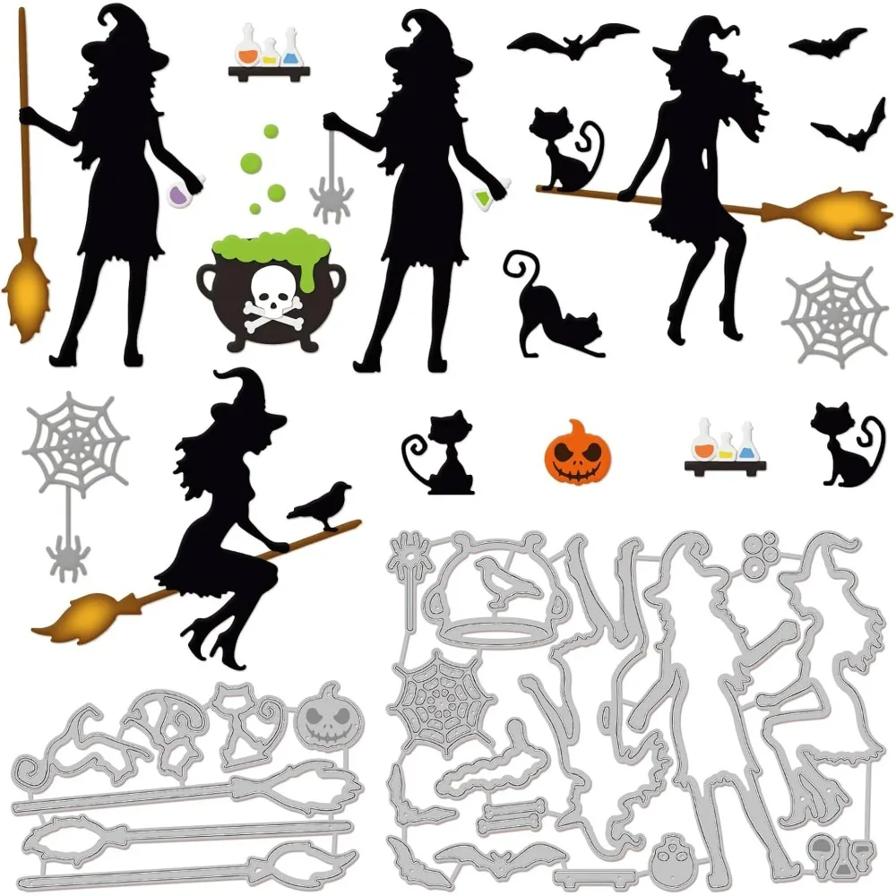 Halloween Witch Cat Cutting Dies for DIY Scrapbooking Metal Pumpkin Spider Web Die Cuts Halloween Bat Embossing Making Kit