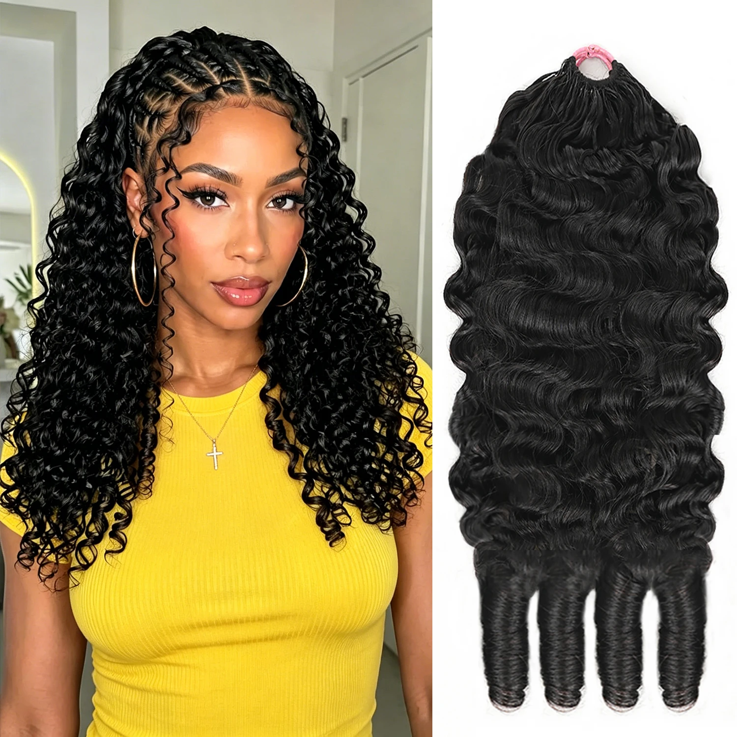 Burmese Curly Human Hair Extensions Feather Crochet Human Hair Burmese Curly Bundles 50g Per Pack Pre-separated Human Crochet Hair for Black Women Natural Black