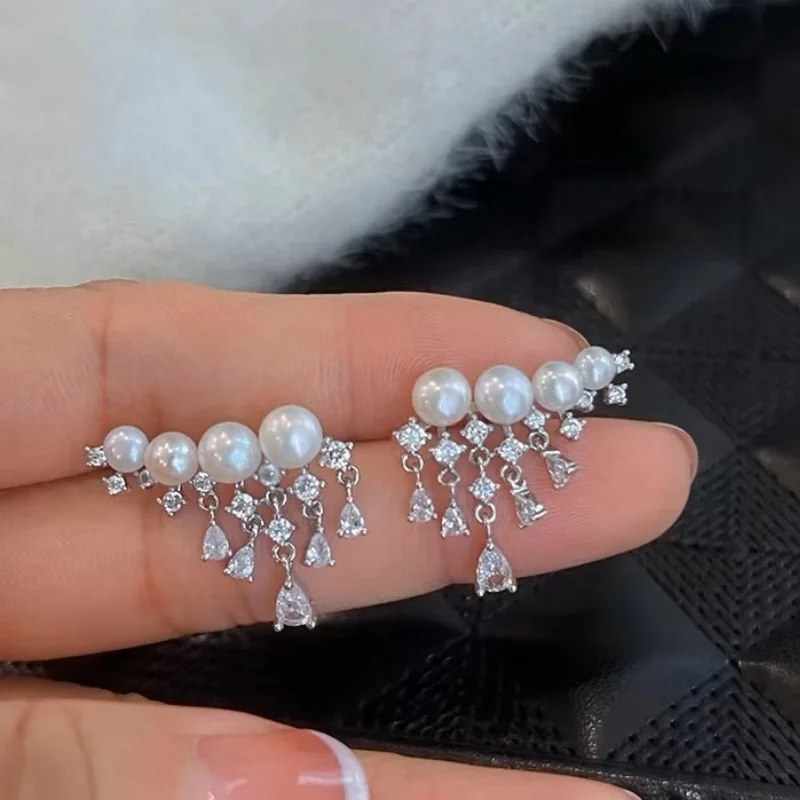 

SGARIT Genuine Freshwater Pearl Tassel Women's Dangle Earrings 925 Sterling Silver Natural Pearl Wedding Engagement Fine Jewelry