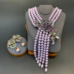 Luxury European and American Style Shining Necklace Earrings Purple Multi layered Glass Beads Flower Jewelry Set For Women