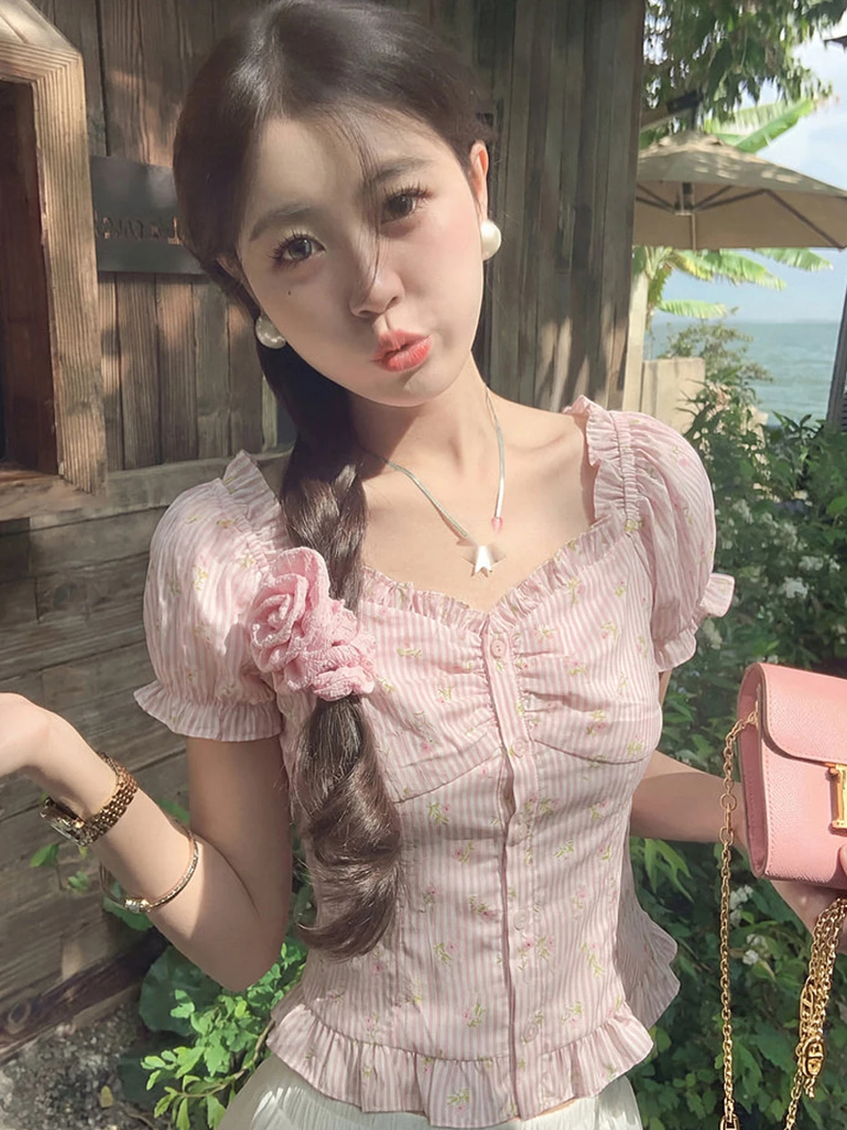 

Женская летняя рубашка с короткими рукавами-фонариками и полосками, с уникальным дизайном, подчеркивающим талию, укороченный топ в корейском стиле