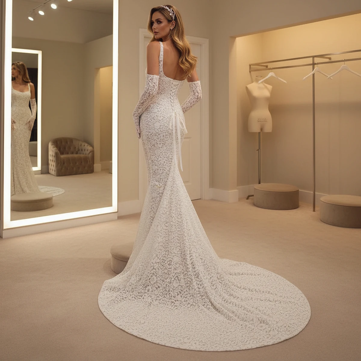 エレガントなシースレースのウェディングドレス花嫁のためのマーメイドロングスクエアカラーバックレスブライダルパーティードレストレイン付き Vestidos Novia