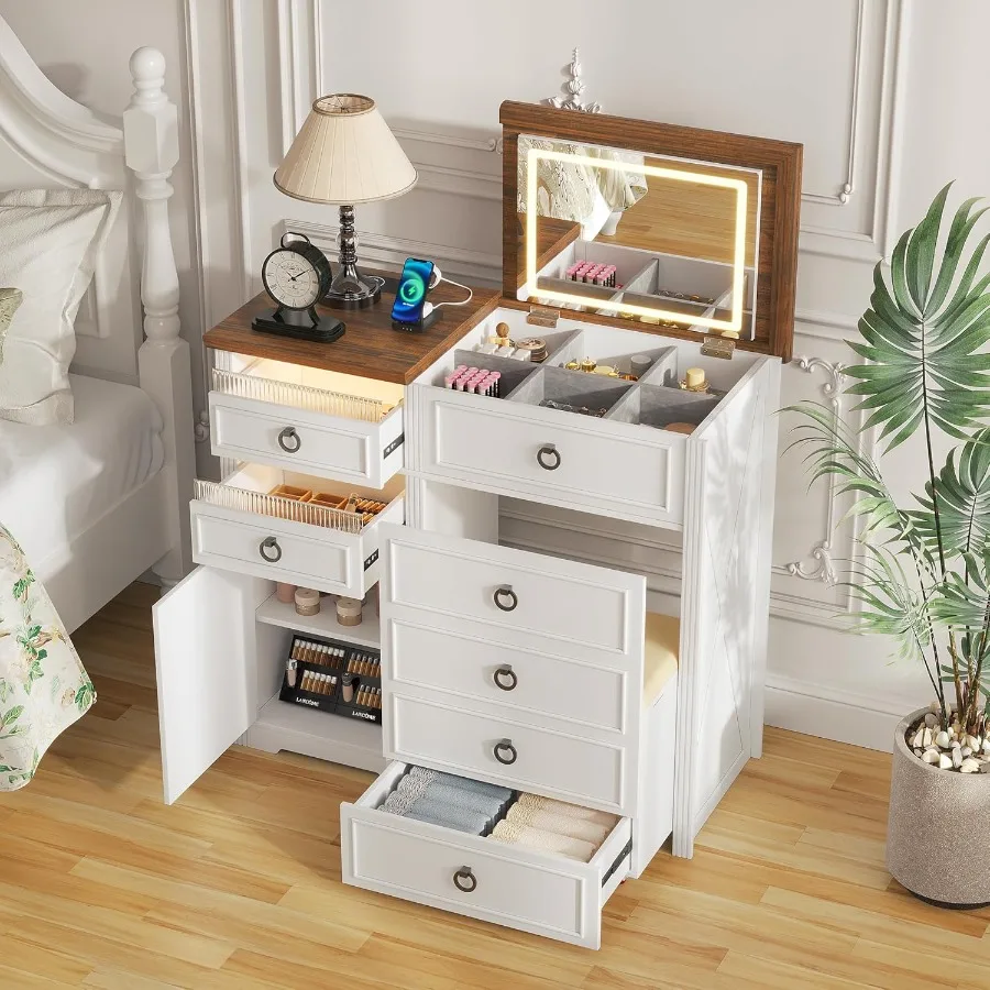 طاولة مكياج مكتبية 3 في 1 للمزرعة مع مرآة إضاءة قابلة للطي 3 ألوان ومقعد مخفي ومحطة شحن مستشعر الجسم فاني