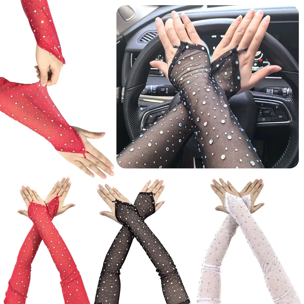 1 Pair Coloured Rhinestone Mesh Gloves Breathable Elasticity Sunscreen Arm Sleeves Hook Middle Finger Fingerless Gloves Women