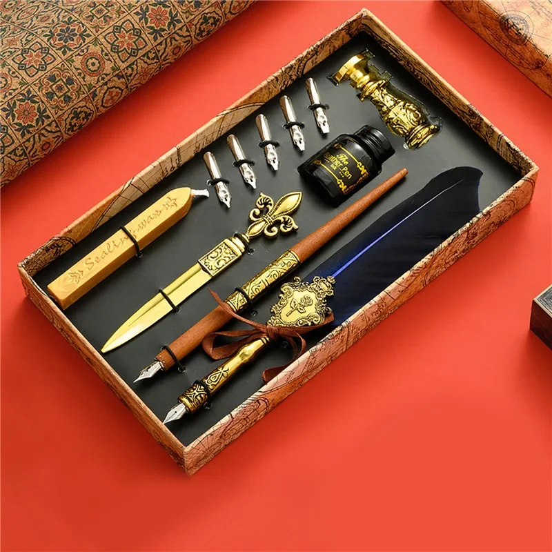 

Sprinkling Gold Vintage Feather Pen Set Luxury Fountain Pen Ink Bottle Calligraphy Writing Dip Pen Nib Quill Birthday Gift Box